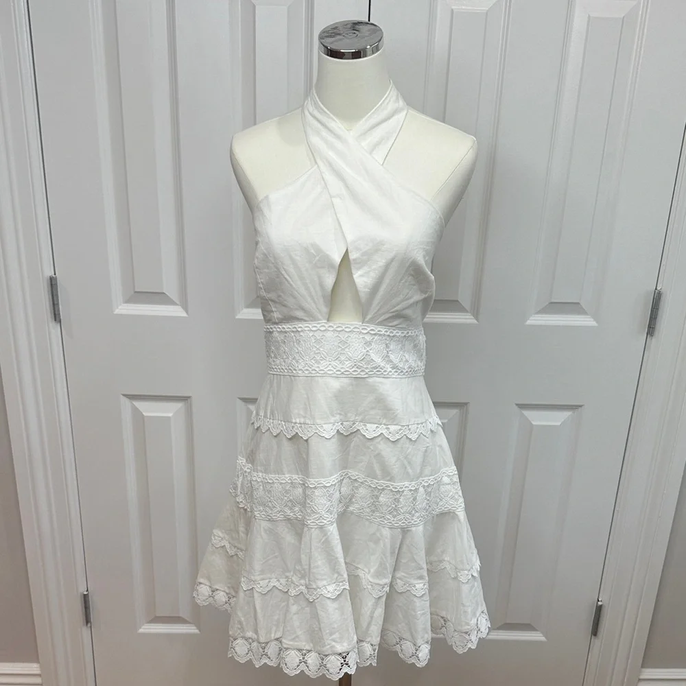 NWT Endless Rose White Halter Neck Open Back Lace Boho Cottagecore Dress Size L